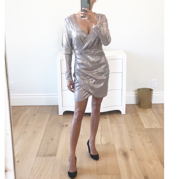 LAST 1! Silver Long Sleeve Sequin Surplice Dress S - Picture 6 of 8